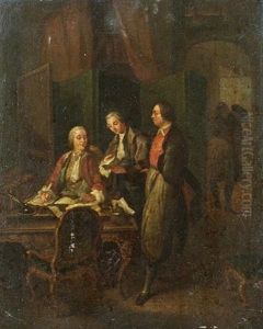 A Gentleman Seated At A Desk With A Man Handing Him Documents (+ A Gentleman Seated At A Desk In Discussion With Two Other Gentlemen; Pair) by Etienne Jeaurat