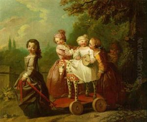 A Young Boy On A Hobbyhorse, With Other Children Playing On A Terrace In A Garden by Etienne Jeaurat
