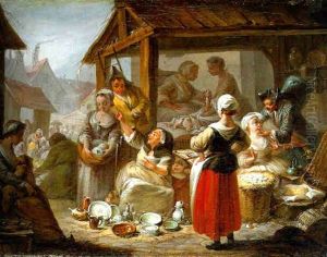 A Country Market With Peasants Trading Fish, Eggs, And Pottery From A Village Stall