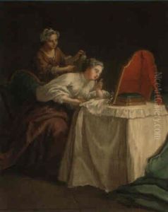 A Lady With Her Maid At Her Dressing Table by Etienne Jeaurat