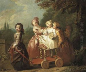 Young Boy On A Hobbyhorse With Other Children by Etienne Jeaurat