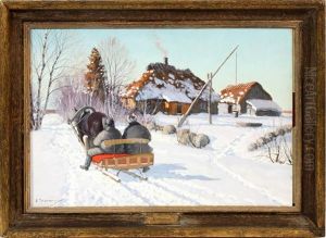 Winter Scene With Horse Drawn Sled