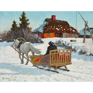 Sonnige Winterlandschaft Mit Pferdeschlitten by Andrei Afanasievich Jegorov