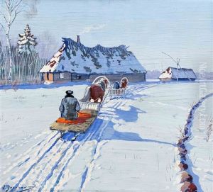 Schneelandschaft Mit Heimkehrern Auf Ihren Schlitten