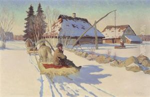 Verschneite Winterlandschaft Mit Pferdeschlitten In Einem Russichen Dorf by Andrei Afanasievich Jegorov
