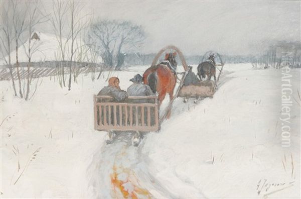 Two Horse-drawn Sleighs Following In The Snow - view 1