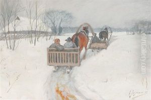 Two Horse-drawn Sleighs Following In The Snow by Andrei Afanasievich Jegorov
