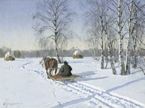 Verschneite Winterlandschaft Mit Russischem Bauern Auf Einem Pferdeschlitten