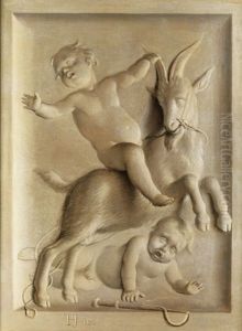 Ein Auf Einem Ziegenbock Reitender Putto Sowie Einem Am Boden Liegenden Weiteren Knabchen