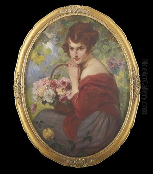 Oval Portrait Of A Girl With A Basket Of Flowers - view 1