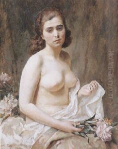 Halbfigurlicher Akt Einer Jungen Frau Mit Pfingstrosen by Rudolph Jelinek