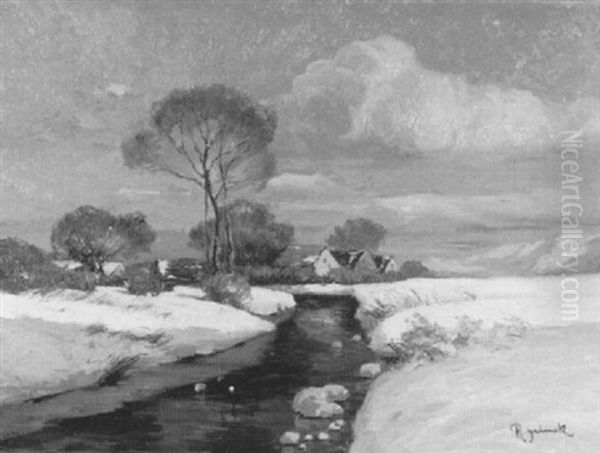 Sonnige Winterlandschaft Mit Bach, Dorf Und Bergen Rechts - view 1
