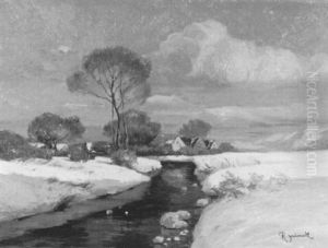 Sonnige Winterlandschaft Mit Bach, Dorf Und Bergen Rechts by Rudolph Jelinek