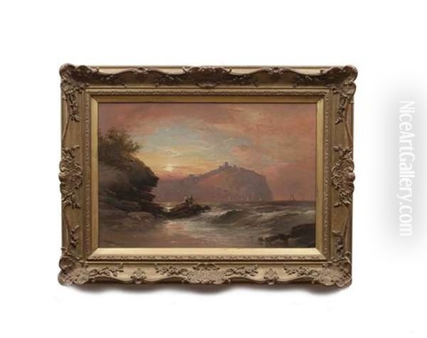 A Coastal Scene At Sunset With Men Fishing, A Hill Of Fortification Beyond - view 1