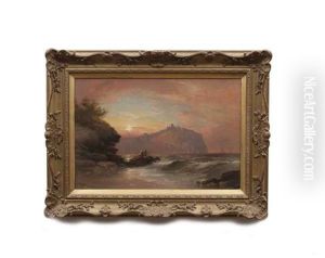 A Coastal Scene At Sunset With Men Fishing, A Hill Of Fortification Beyond by George Henry Jenkins
