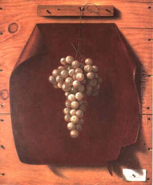 Green Grapes On Red Leather, A Trompe L'oeil Painting - view 1
