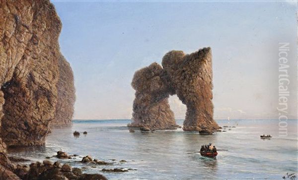 Coastal Scene With Cliffs, Rowboats And Arched Rock - view 1