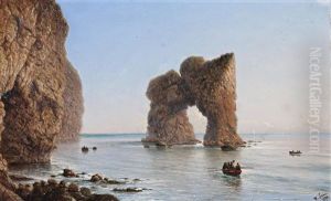 Coastal Scene With Cliffs, Rowboats And Arched Rock