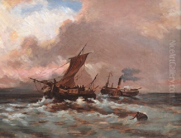 Paddle Streamer And Fishing Boat In Stormy Seas - view 1