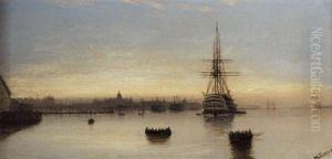 A Three-decker Lying At Anchor In The Harbour At Portsmouth, Sunrise
