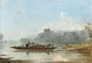 A River Landscape With Figures Loading A Barge In The Foreground by William George Jennings
