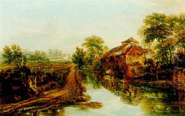 A Country River, With Buildings On A Bank, And A Village In The Distance - view 1