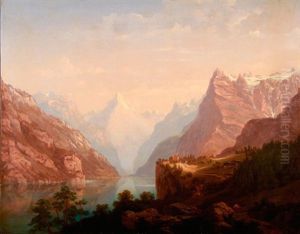 Expansive Alpine Lake Scene With Travelers