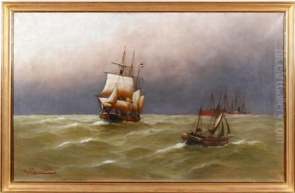 Marine Motif With Sailing Ships At Sea - view 1
