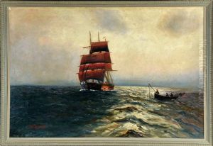 Fischerboot Und Segelschiff Auf See by Alfred Serenius Jensen