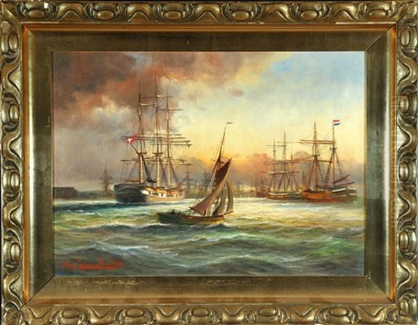 Vor Anker Liegende Segelschiffe Mit Stadtsilhouette Im Hintergrund - view 1