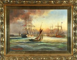 Vor Anker Liegende Segelschiffe Mit Stadtsilhouette Im Hintergrund by Alfred Serenius Jensen