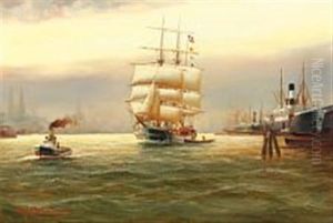 Harbour Scene From Hamburg With Pilot Boat And Ship Flying The Danish Flag