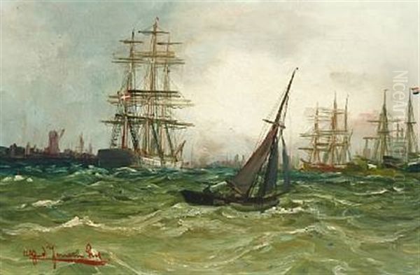Seascape With Numerous Sailing Ships Outside A Port - view 1