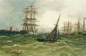 Seascape With Numerous Sailing Ships Outside A Port by Alfred Serenius Jensen
