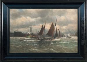 A Tug And Boats In Busy Harbor Channel by Alfred Serenius Jensen