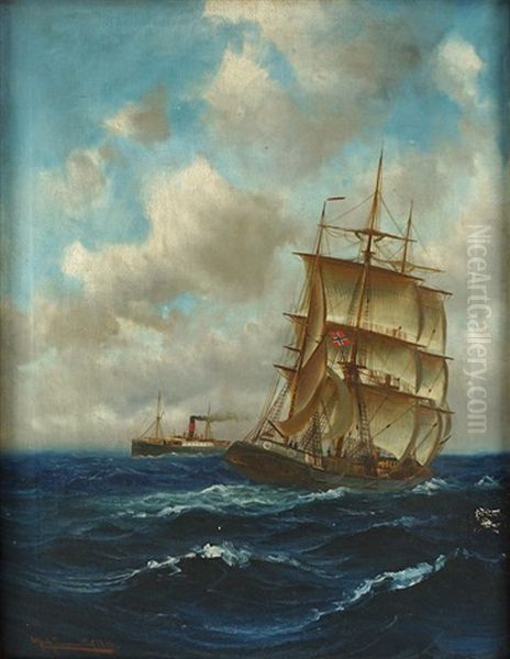 Dampfer Und Dreimastbark Auf Hoher See - view 1