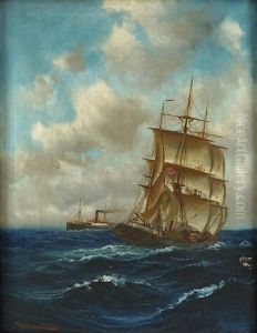 Dampfer Und Dreimastbark Auf Hoher See by Alfred Serenius Jensen