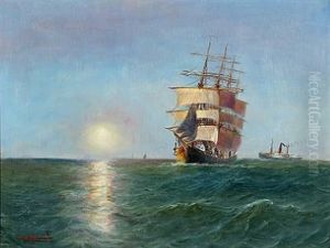 Seascape With A Full-rigged Ship And A Steamer In Low Sun