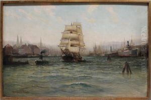 Blick In Den Hamburger Hafen Mit Auslaufendem Segelschiff