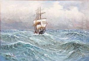Seascape With A Sailing Ship In High Waves by Alfred Serenius Jensen
