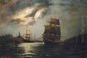 Moon Over The Port Of Hamburg by Alfred Serenius Jensen