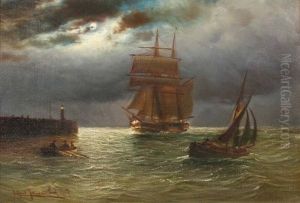 Segelschiff Und Boote Vor Der Mole Bei Vollmond by Alfred Serenius Jensen