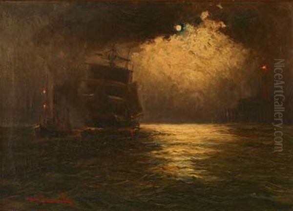Seascape With Sailing Ships At Sea In Moonlight - view 1