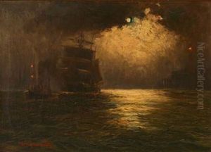 Seascape With Sailing Ships At Sea In Moonlight by Alfred Serenius Jensen