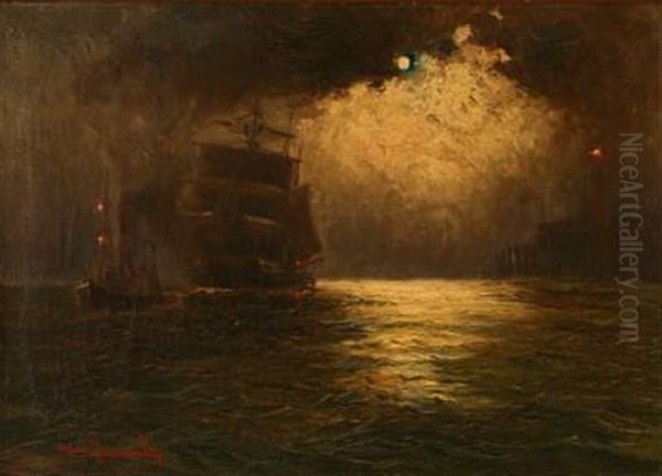 Seascape With Sailing Ships In Moonlight - view 1