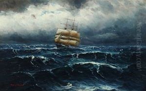 Seascape With Sailing Boats In Rough Sea by Alfred Serenius Jensen