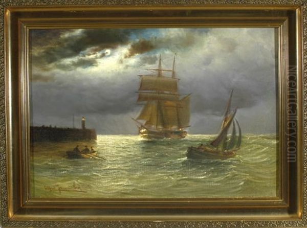 Segelschiff Und Kleinere Boote Bei Vollmond Im Hafen - view 1