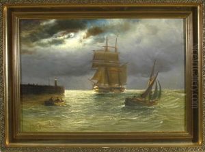 Segelschiff Und Kleinere Boote Bei Vollmond Im Hafen