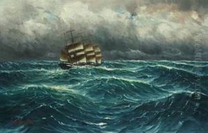 Seascape With Sailing Ship On Rough Sea by Alfred Serenius Jensen