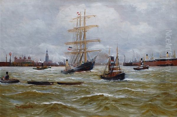 Bark And Tugboat In Hamburg Harbour - view 1